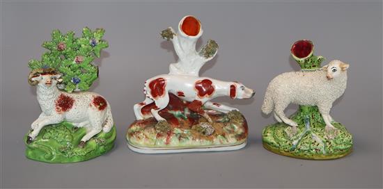 Three 19th century Walton-type Staffordshire groups tallest 14cm